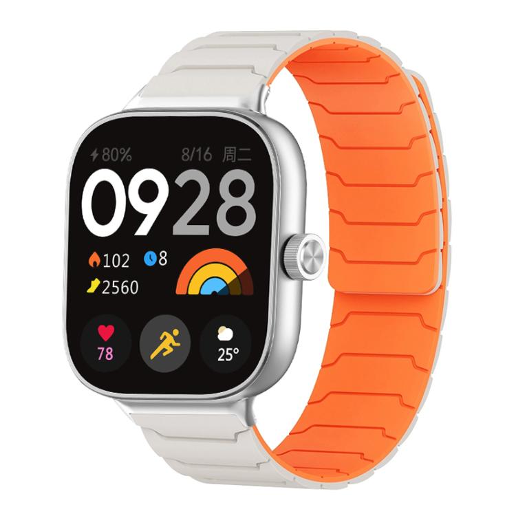 Magnetic silicone watch band in light gray with a bright orange inner surface