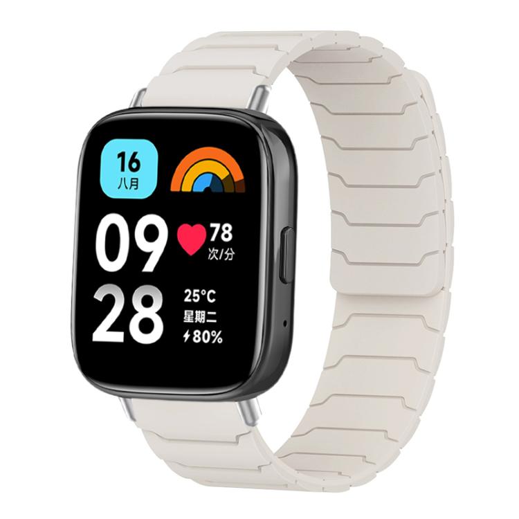 Off-white magnetic silicone watch band with segmented links, shown on a smartwatch