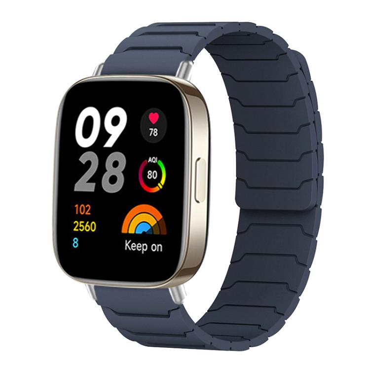 Navy magnetic silicone watch band fitted to a rectangular smartwatch