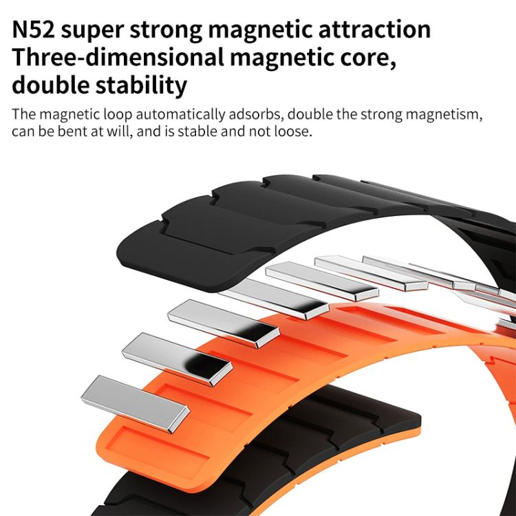 Black and orange magnetic silicone watch band with metal magnetic inserts shown separated