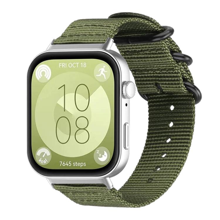 Army green nylon canvas watch band with black ring buckle, shown on a silver smartwatch