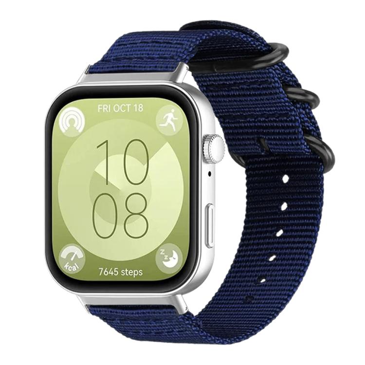 Midnight blue nylon canvas watch band with black ring buckle, shown on a silver smartwatch