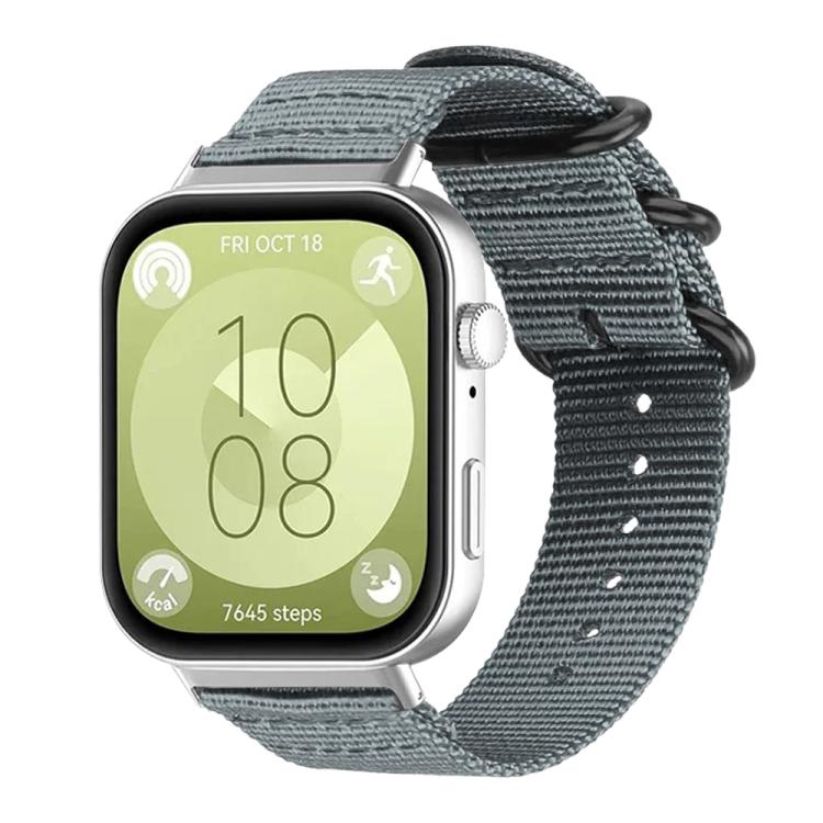 Gray nylon canvas watch band with black ring buckle, shown on a silver smartwatch