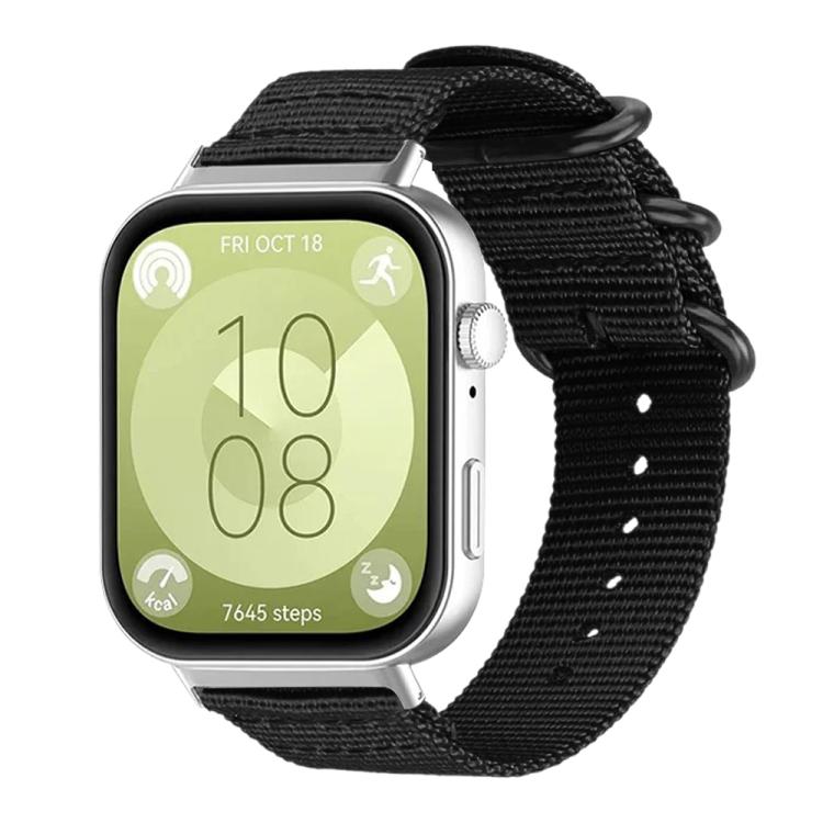 Black nylon canvas watch band with black ring buckle, shown on a silver smartwatch
