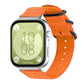 Orange nylon canvas watch band with black ring buckle, shown on a silver smartwatch