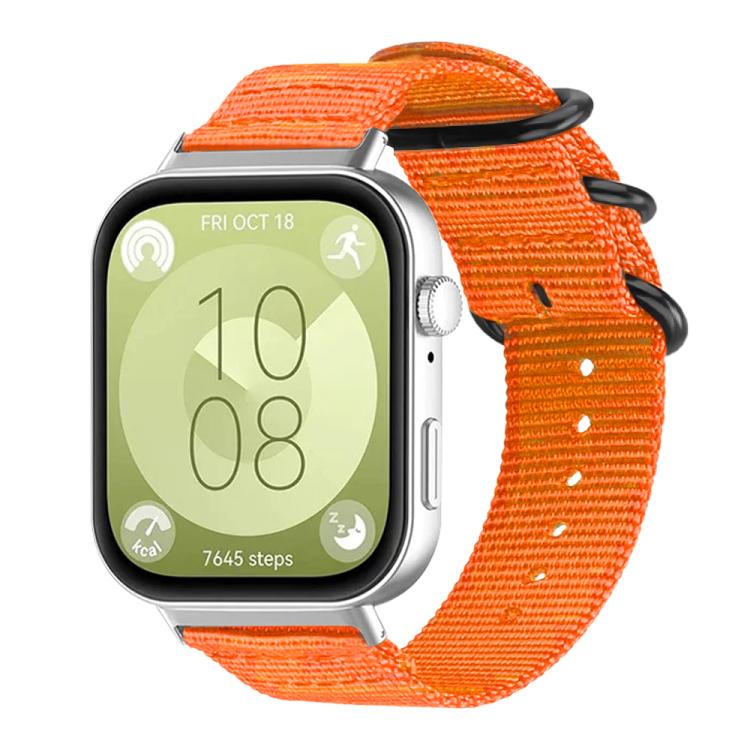 Orange nylon canvas watch band with black ring buckle, shown on a silver smartwatch