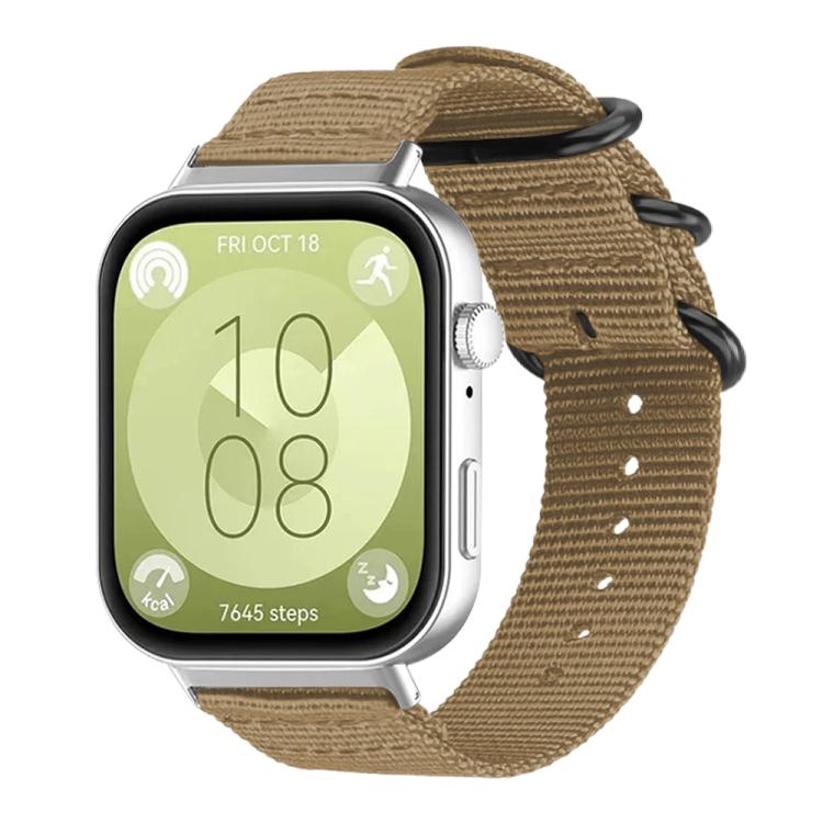 Khaki nylon canvas watch band with black ring buckle, shown on a silver smartwatch