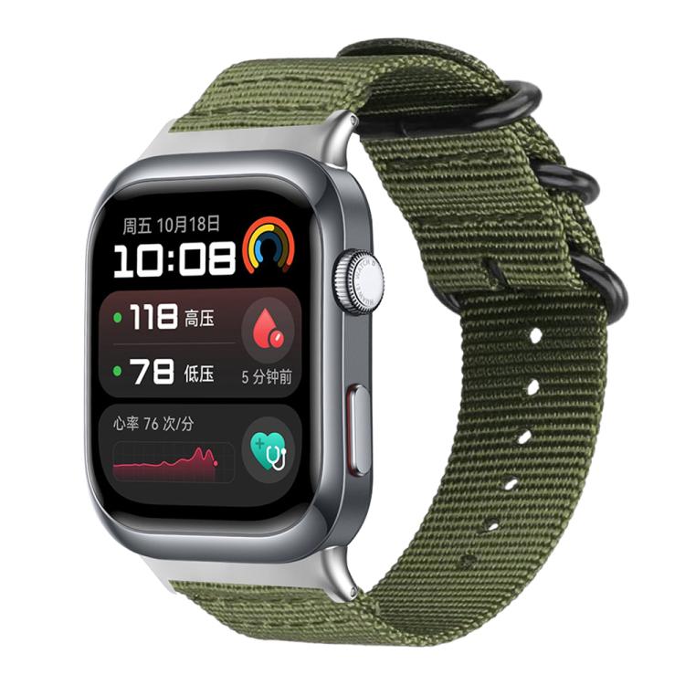 Army green nylon canvas watch band with black ring buckle on a silver smartwatch with dark display