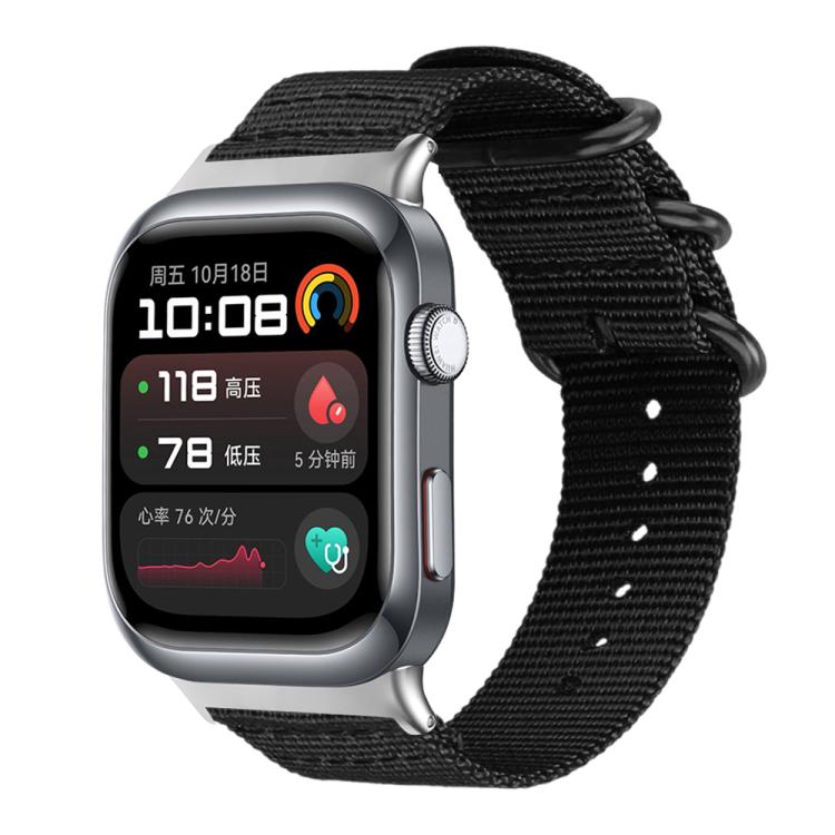 Black nylon canvas watch band with black ring buckle on a silver smartwatch with dark display