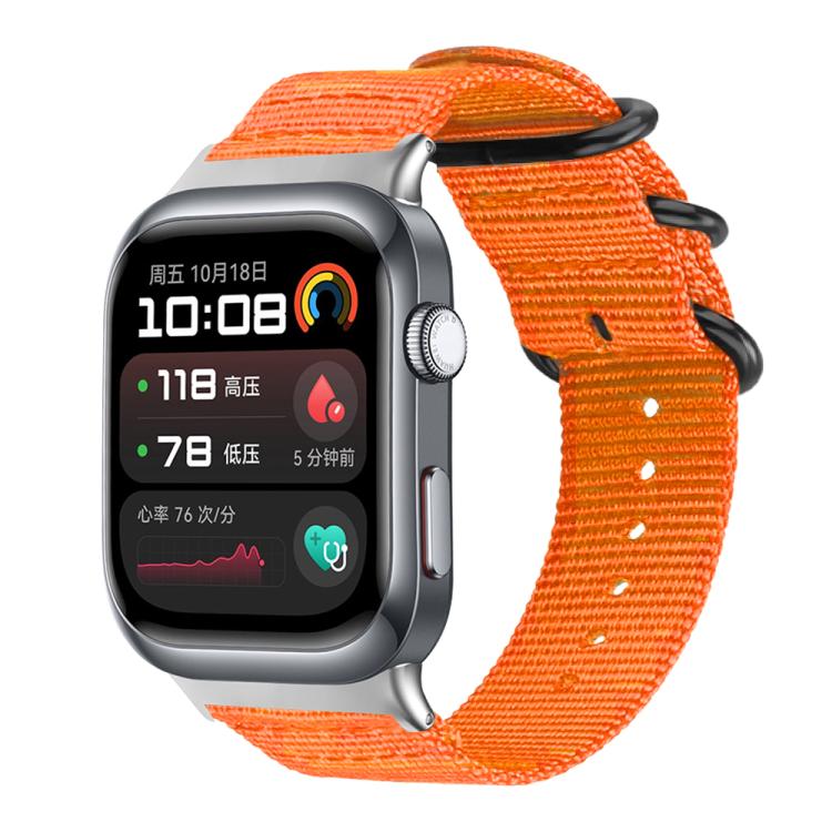 xDfind orange woven nylon watch band with black ring buckles, shown on a smartwatch