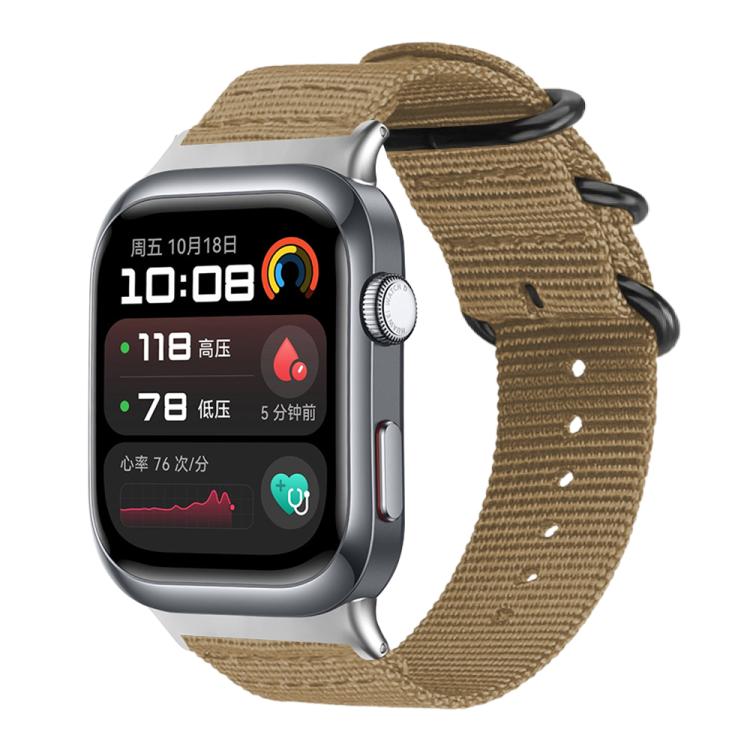 xDfind khaki woven nylon watch band with black ring buckles, shown on a smartwatch