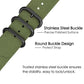 xDfind green woven nylon watch band close-up showing black stainless steel ring buckles