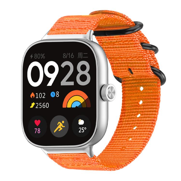 Orange nylon canvas watch band with black ring buckle