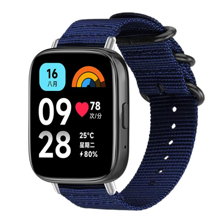 Midnight blue nylon canvas watch band with black ring buckle on a rectangular watch