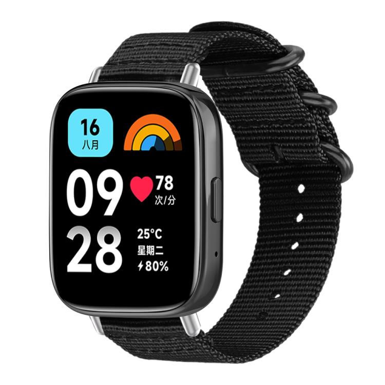 Black nylon canvas watch band with black ring buckle on a rectangular watch