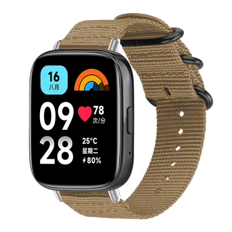 Khaki nylon canvas smartwatch band with black ring buckle, shown attached to a watch