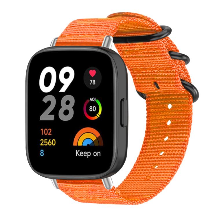 Orange nylon canvas smartwatch band with black ring buckle and perforated strap