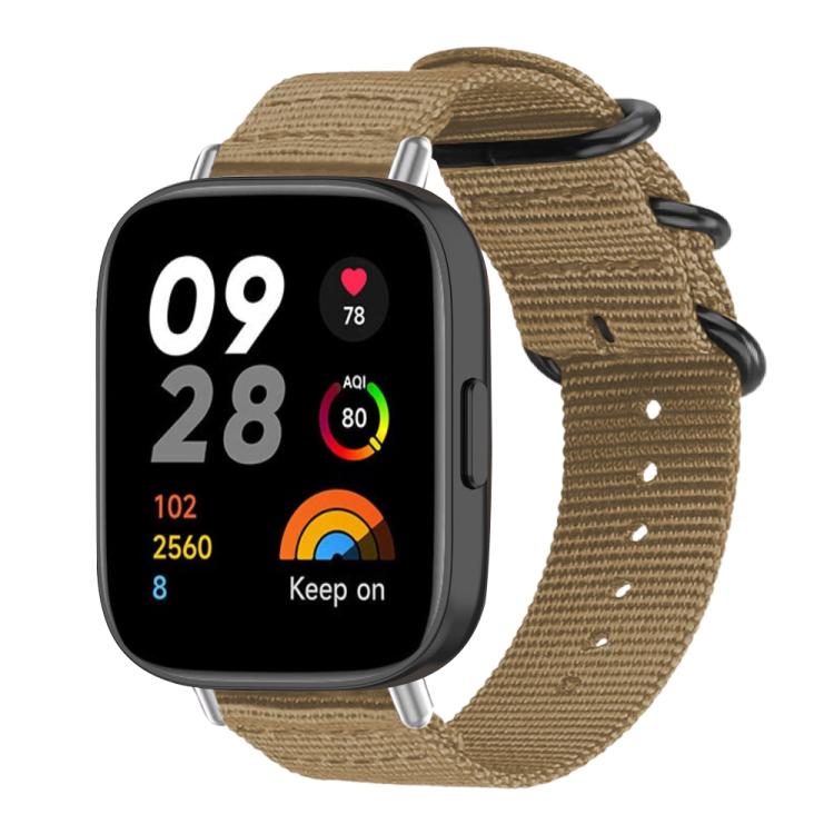 Khaki nylon canvas smartwatch band with black ring buckle and perforated strap