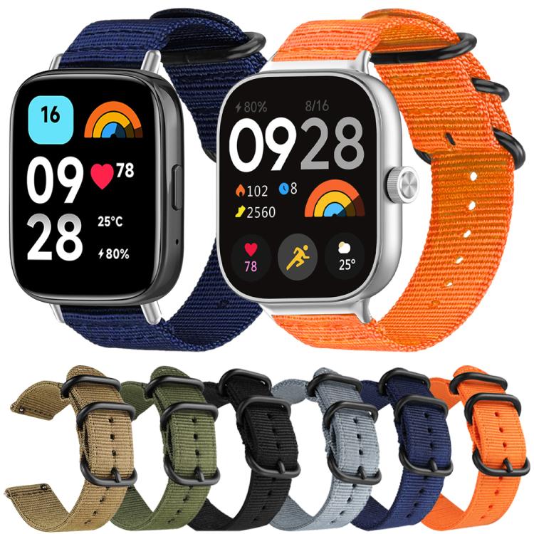 Nylon canvas smartwatch bands in blue and orange, with six color options below