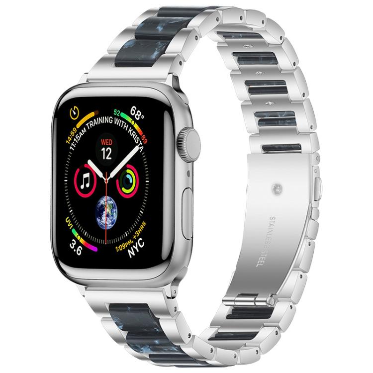 Silver metal Apple Watch band with dark blue resin links