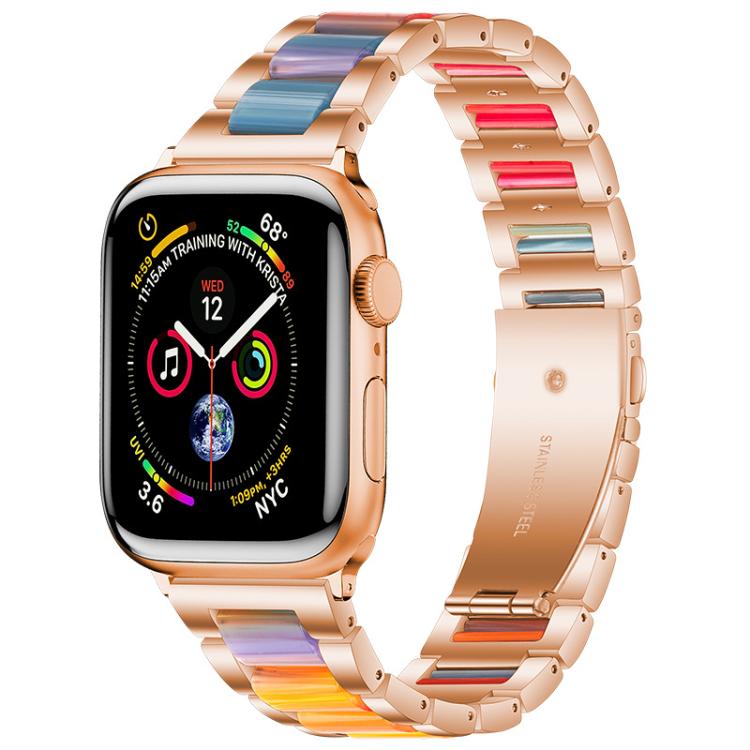 Rose gold metal Apple Watch band with multicolored resin links