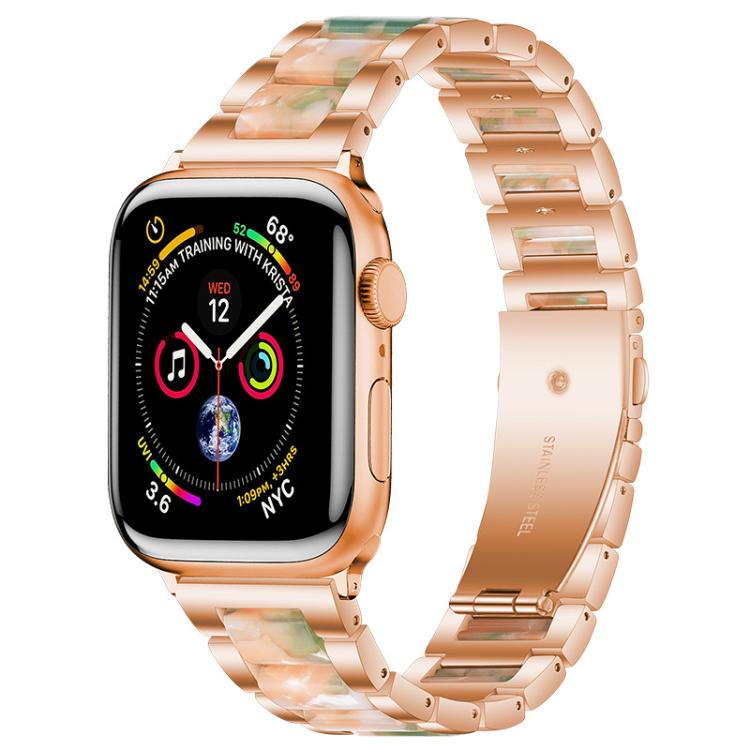 Rose gold metal Apple Watch band with peach and green resin links