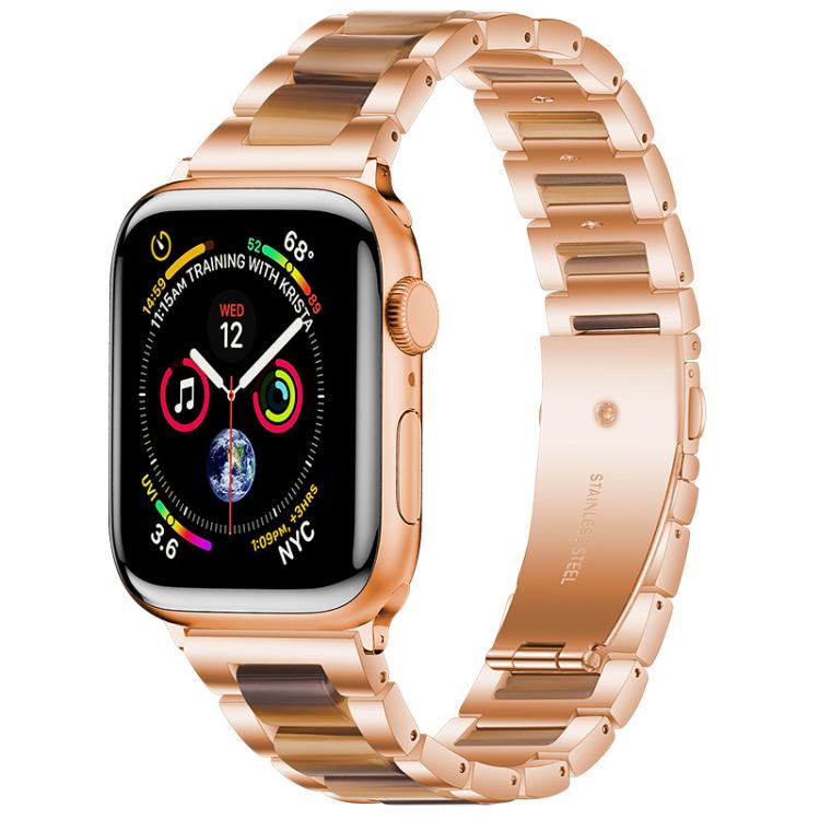 Rose gold three-bead metal and resin watch band with matching watch case.