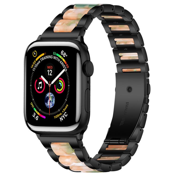 Black three-bead metal watch band with peach and green resin inlays.