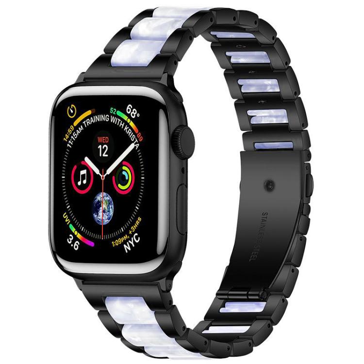 Black three-bead metal watch band with white and pale blue resin inlays.