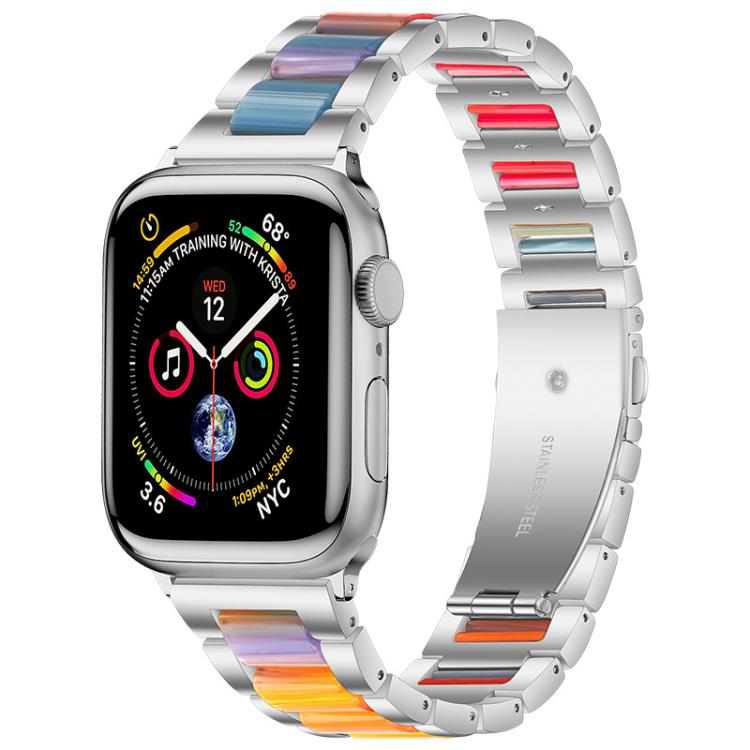 Silver three-bead metal watch band with multicolor resin inlays and matching case.