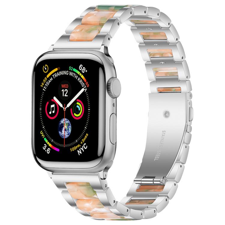 Silver three-bead metal watch band with peach and green resin inlays.