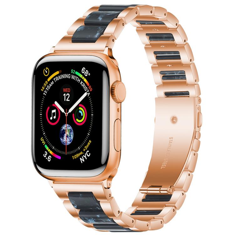 Rose gold metal Apple Watch band with dark blue resin inlays