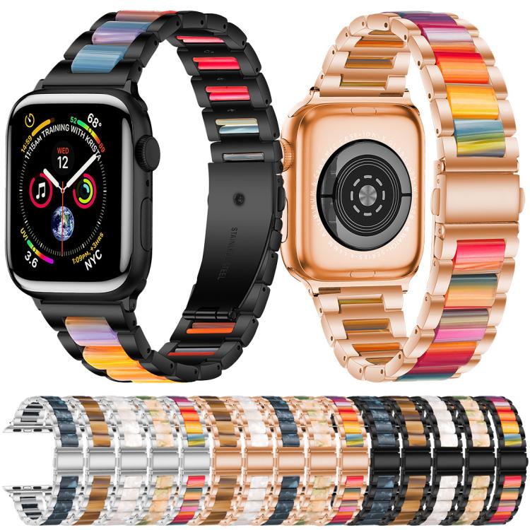 Three-bead metal and resin watch bands in silver, rose gold, and black finishes