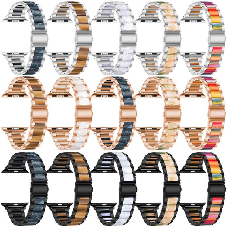 Three-bead metal and resin watch bands in three metal finishes and assorted resin colors