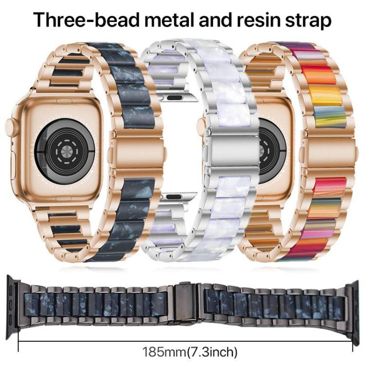 Three-bead watch bands in rose gold, silver, and black with assorted resin links