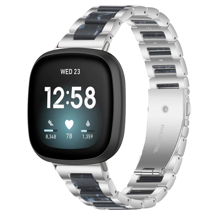 xDfind silver metal and resin watch band with dark blue links, shown on a smartwatch