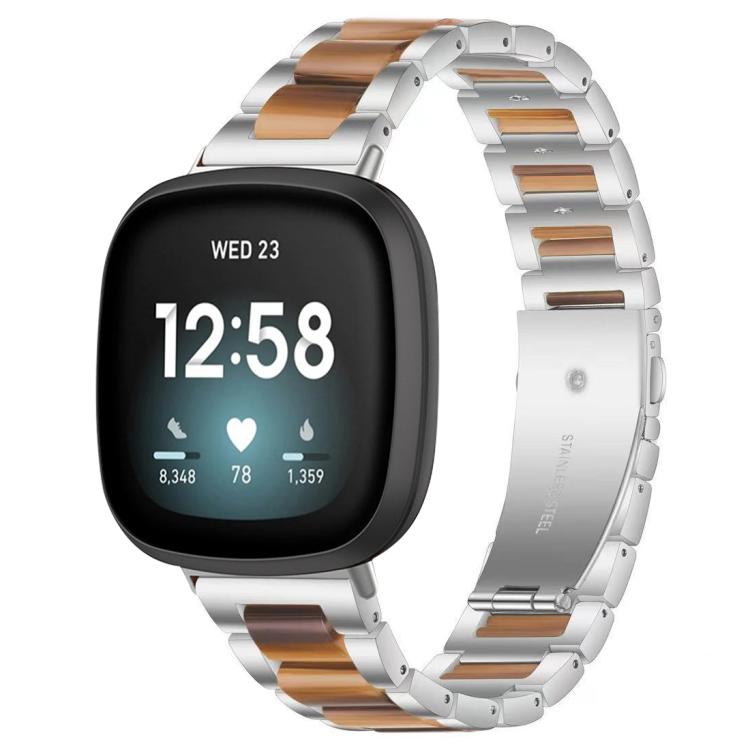 xDfind silver metal and resin watch band with brown links, shown on a smartwatch