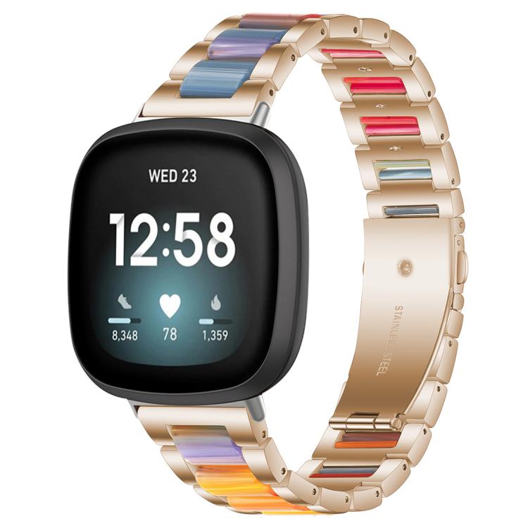 xDfind rose gold metal and resin watch band with rainbow-colored links, shown on a smartwatch