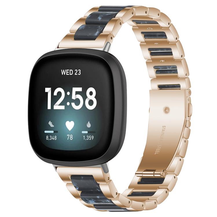 xDfind rose gold metal and resin watch band with dark blue links, shown on a smartwatch