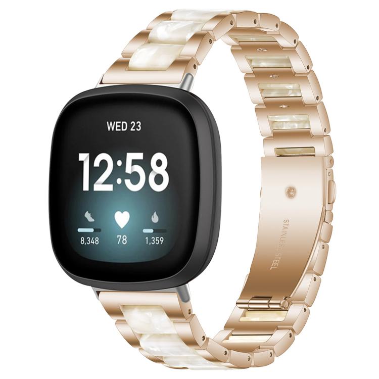 xDfind rose gold metal and resin watch band with pearly white links, shown on a smartwatch