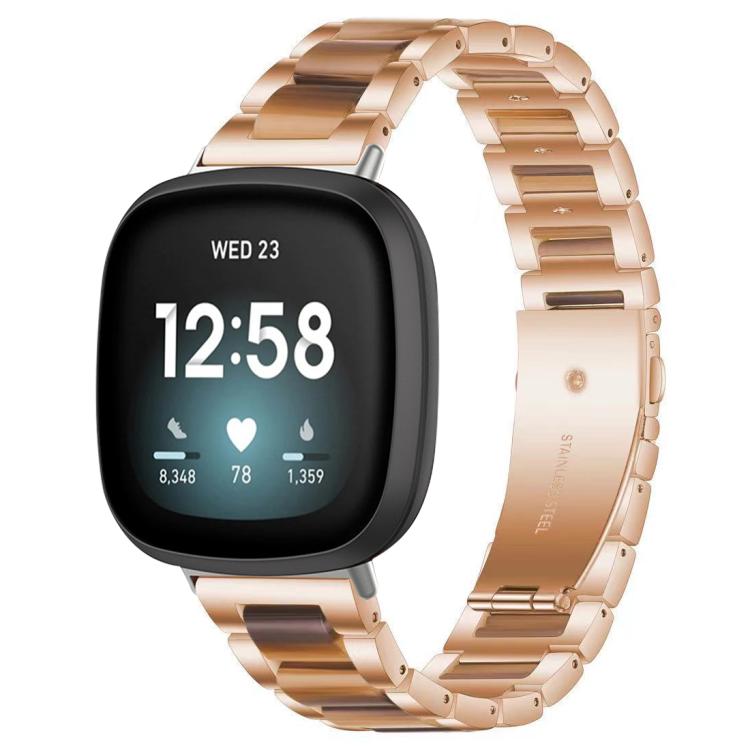 xDfind rose gold metal and resin watch band with brown links, shown on a smartwatch
