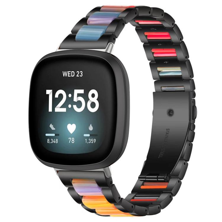 Black metal and resin watch band with multicolor inlays, shown on a smartwatch