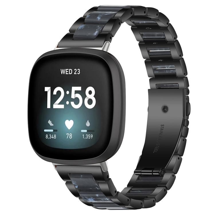 Black metal watch band with dark blue resin inlays, shown on a smartwatch