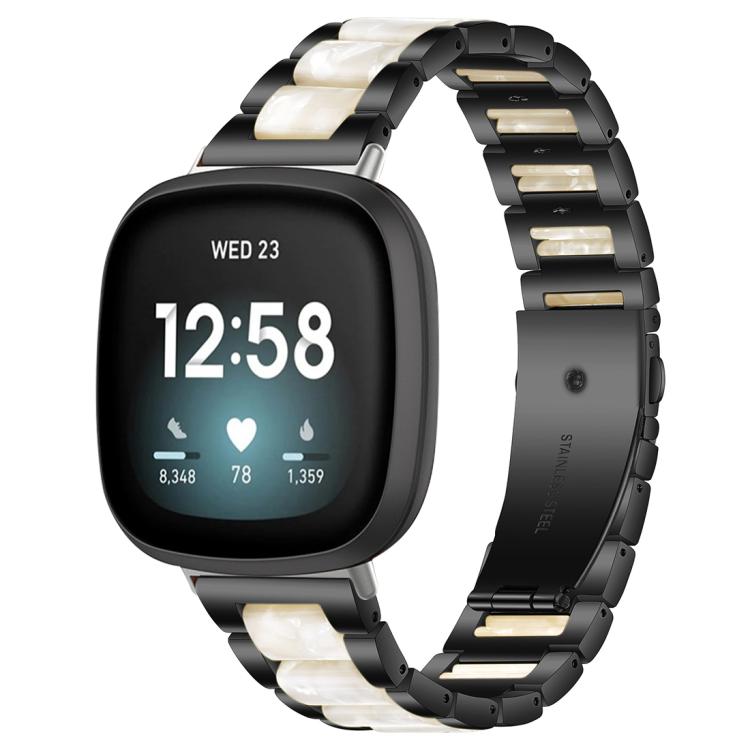 Black metal watch band with white resin inlays, shown on a smartwatch