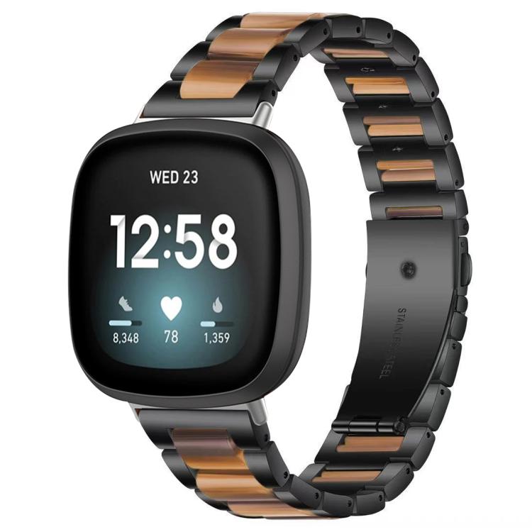 Black metal watch band with brown resin inlays, shown on a smartwatch