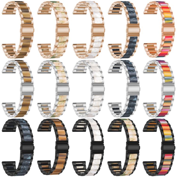 Fifteen metal and resin watch bands in rose gold, silver, and black