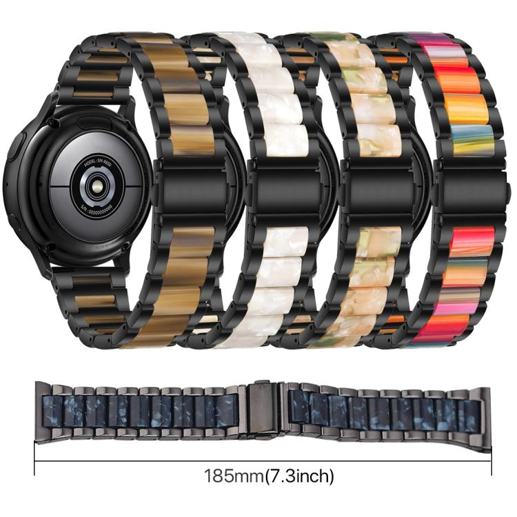 Black metal and resin watch bands shown from the back, with a 185 mm length guide