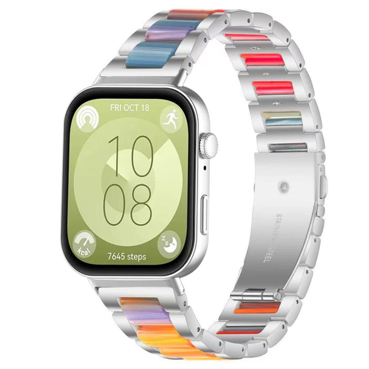 Silver metal watch band with rainbow resin links and three-bead accents