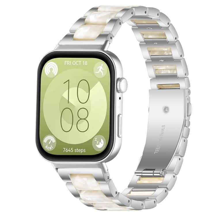 Silver watch with a metal band and pearly white links