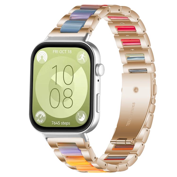 Rose gold metal watch band with rainbow resin links and three-bead accents